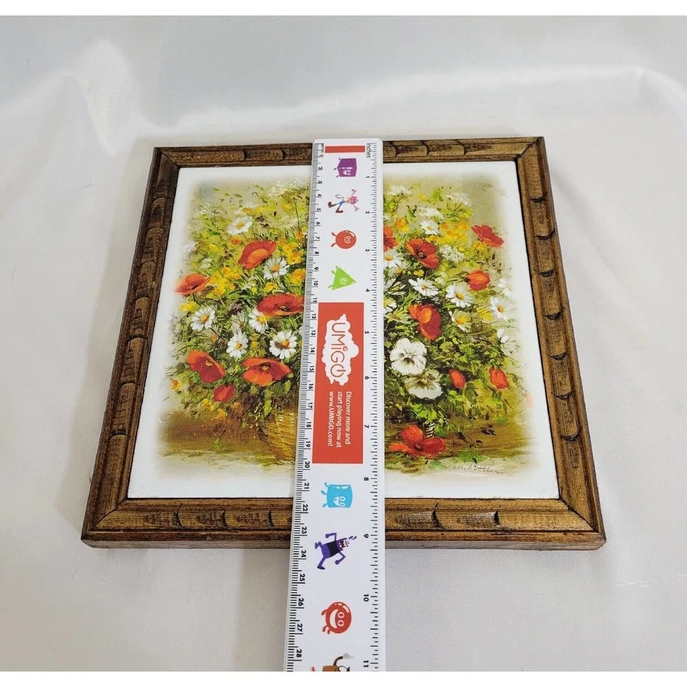 Katerina Schottler Daisies Red Poppies Floral Painted Wood Framed Ceramic Tile